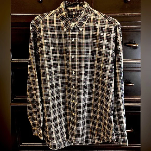 RALPH LAUREN Men’s Navy Green Red White Plaid Long Sleeve Button Down Shirt Sz L